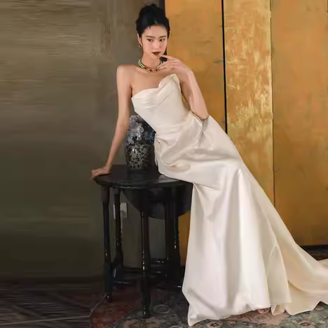 Simple A Line Off The Shoulder Satin Wedding Dresses