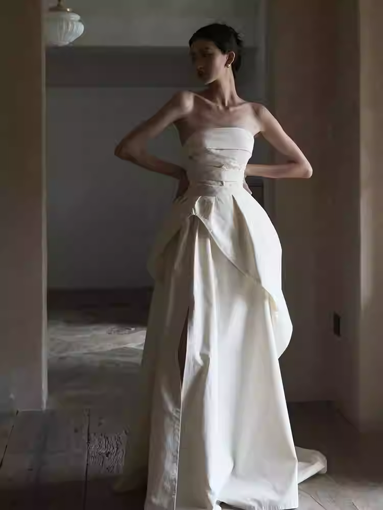 Simple A Line Strapless White Slit Satin Wedding Dresses
