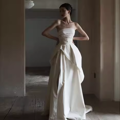 Simple A Line Strapless White Slit Satin Wedding Dresses