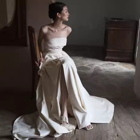 Simple A Line Strapless White Slit Satin Wedding Dresses