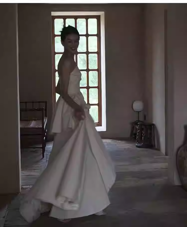 Simple A Line Strapless White Slit Satin Wedding Dresses