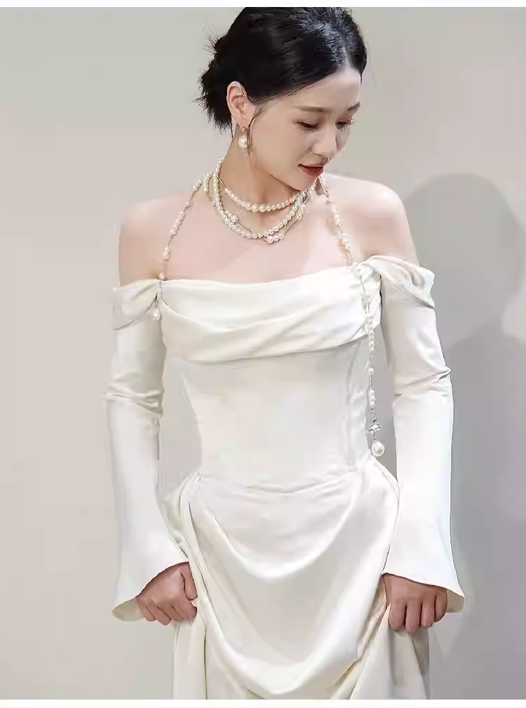 Simple Mermaid Off The Shoulder Long Sleeves White Satin Wedding Dresses