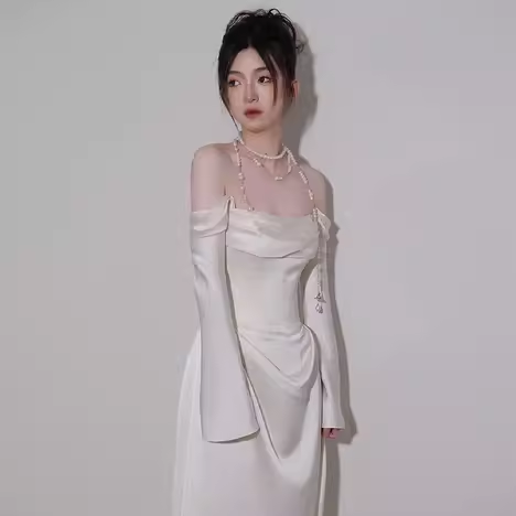 Simple Mermaid Off The Shoulder Long Sleeves White Satin Wedding Dresses