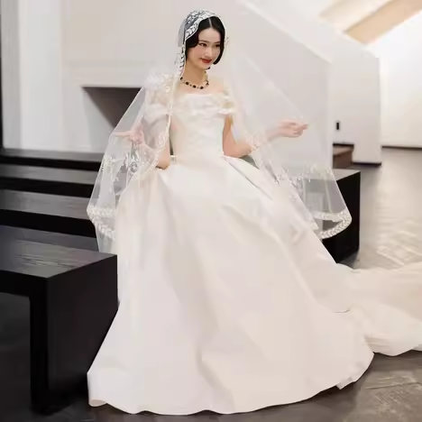 Simple Ball Gown Off The Shoulder Short Sleeves White Satin Wedding Dresses