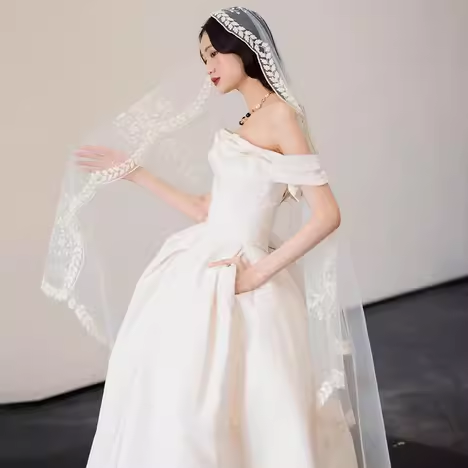 Simple Ball Gown Off The Shoulder Short Sleeves White Satin Wedding Dresses