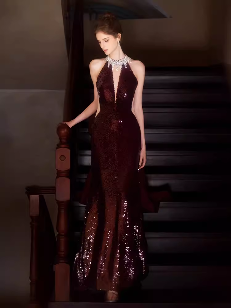 Sexy Mermaid High Neckline Sequin Burgundy Long Prom Dress