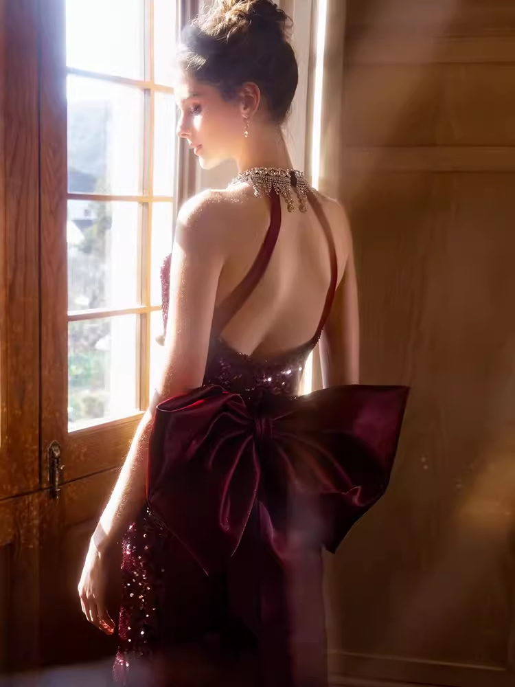 Sexy Mermaid High Neckline Sequin Burgundy Long Prom Dress