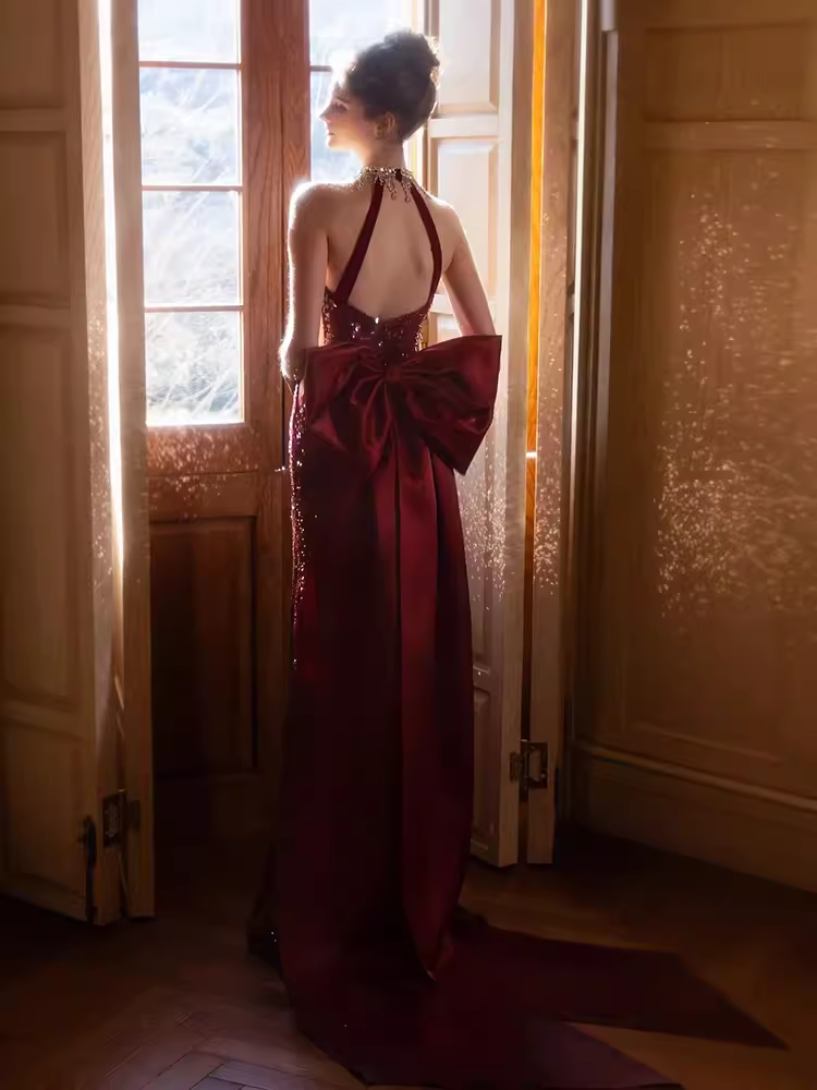 Sexy Mermaid High Neckline Sequin Burgundy Long Prom Dress