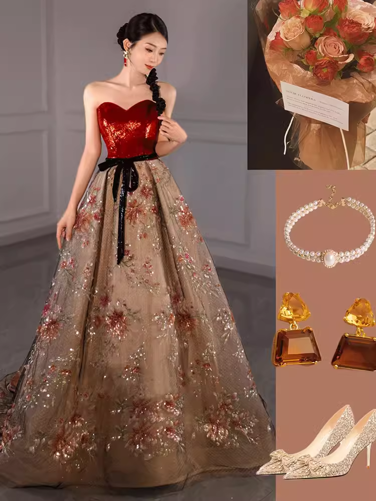 Fairytale Ball Gown Strapless Burgundy Sequin Long Evening Dress Prom Dress