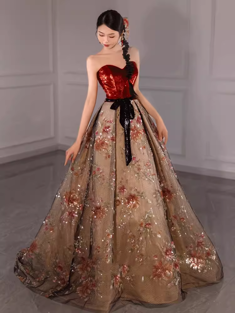 Fairytale Ball Gown Strapless Burgundy Sequin Long Evening Dress Prom Dress