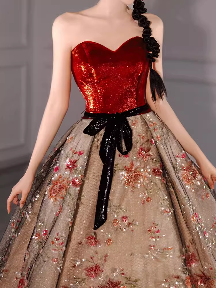 Fairytale Ball Gown Strapless Burgundy Sequin Long Evening Dress Prom Dress
