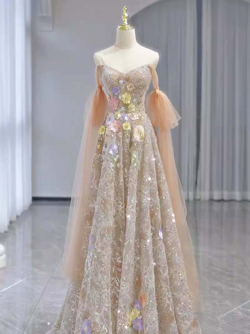 Fairytale A line Straps Floral Lace Long Evening Dress Prom Dress