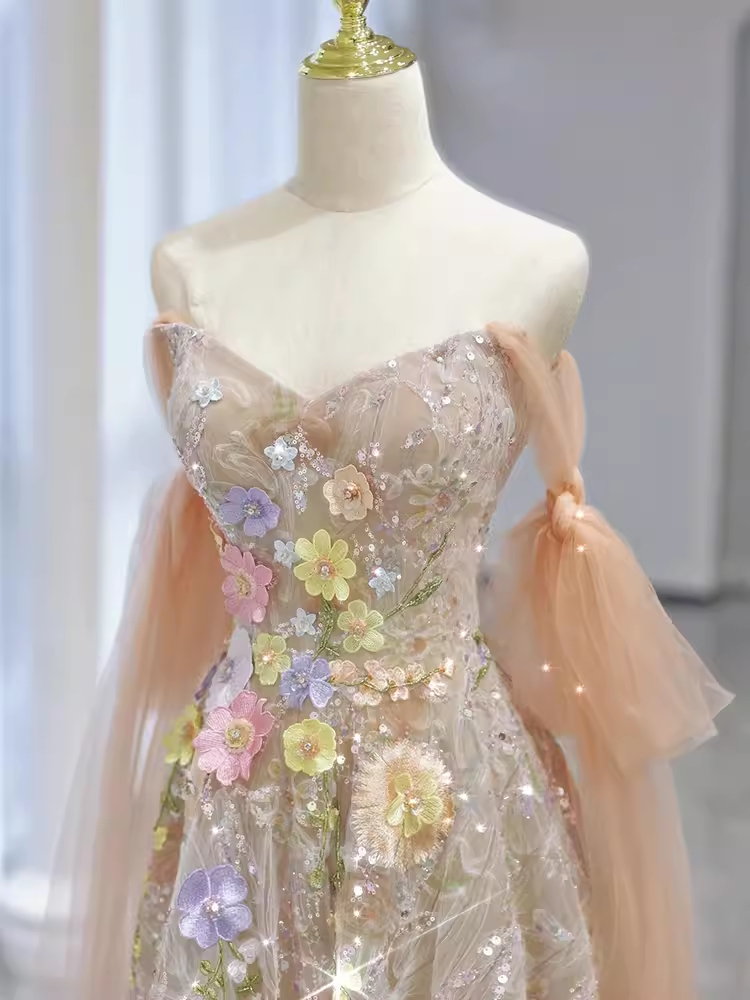 Fairytale A line Straps Floral Lace Long Evening Dress Prom Dress