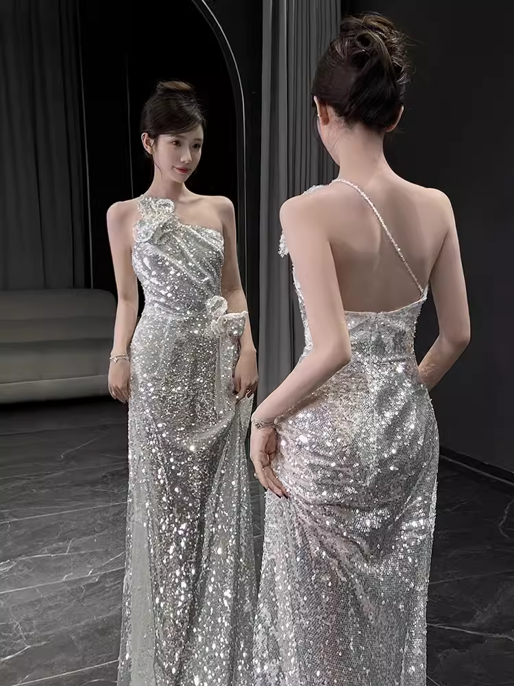 Sexy Mermaid One Shoulder Silver Sequin Long Prom Dress