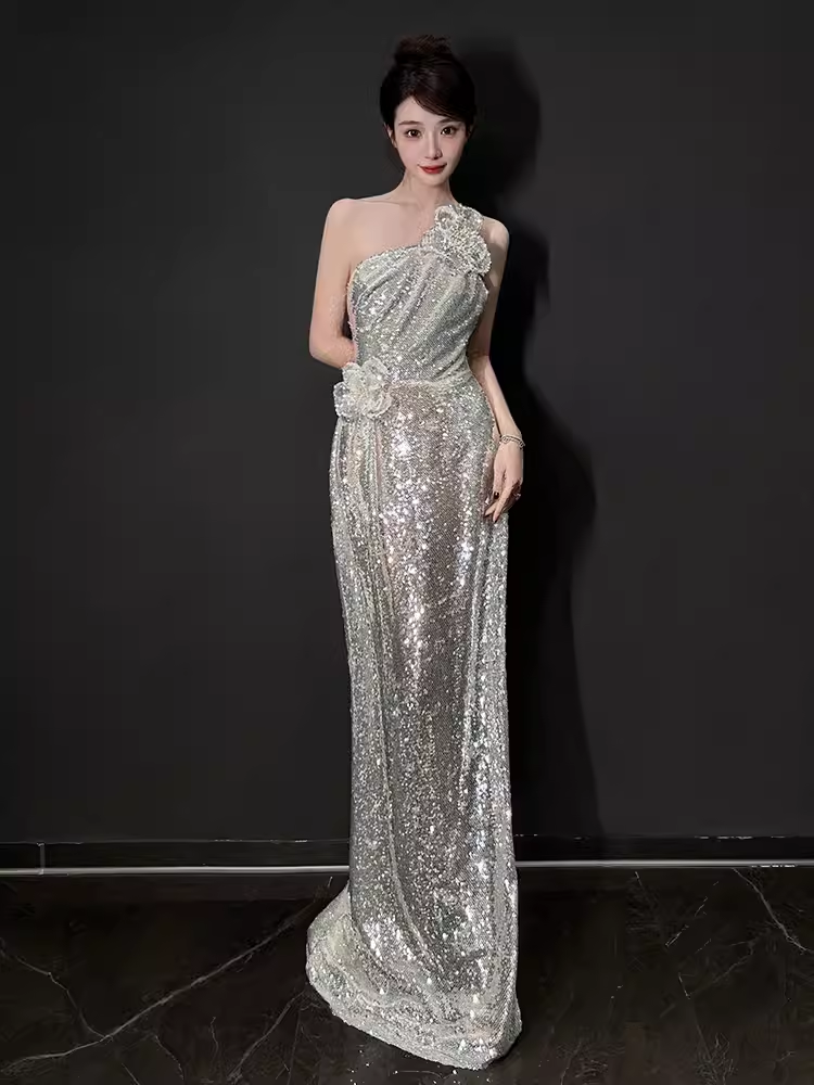 Sexy Mermaid One Shoulder Silver Sequin Long Prom Dress