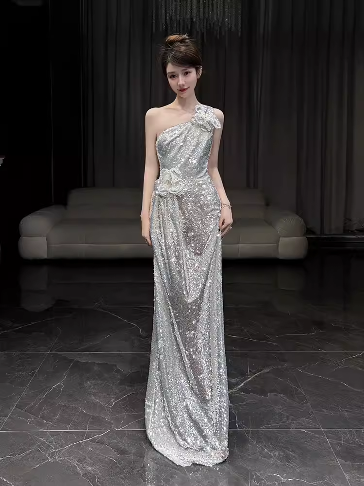 Sexy Mermaid One Shoulder Silver Sequin Long Prom Dress