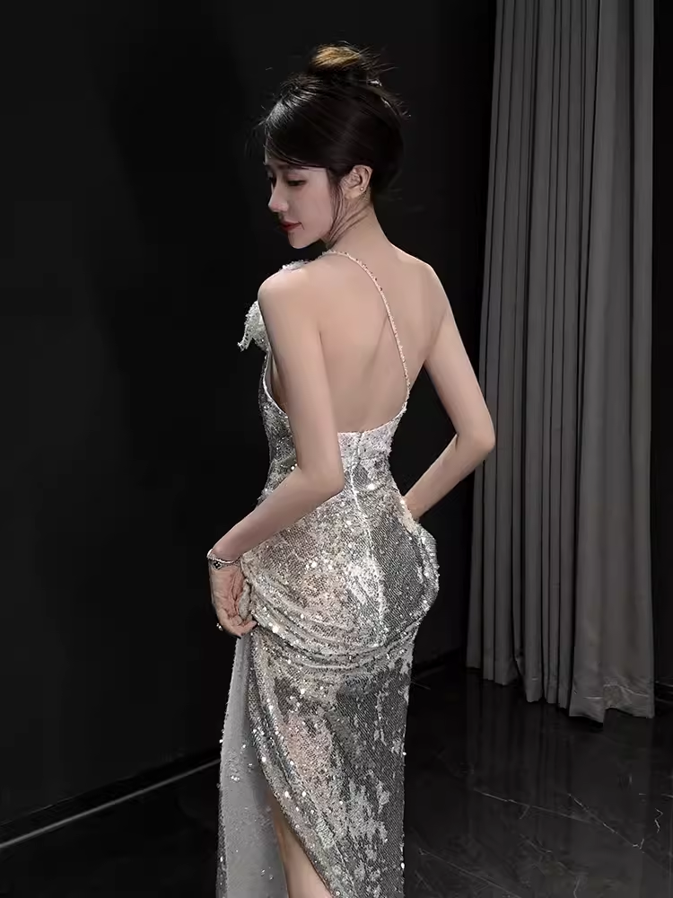 Sexy Mermaid One Shoulder Silver Sequin Long Prom Dress