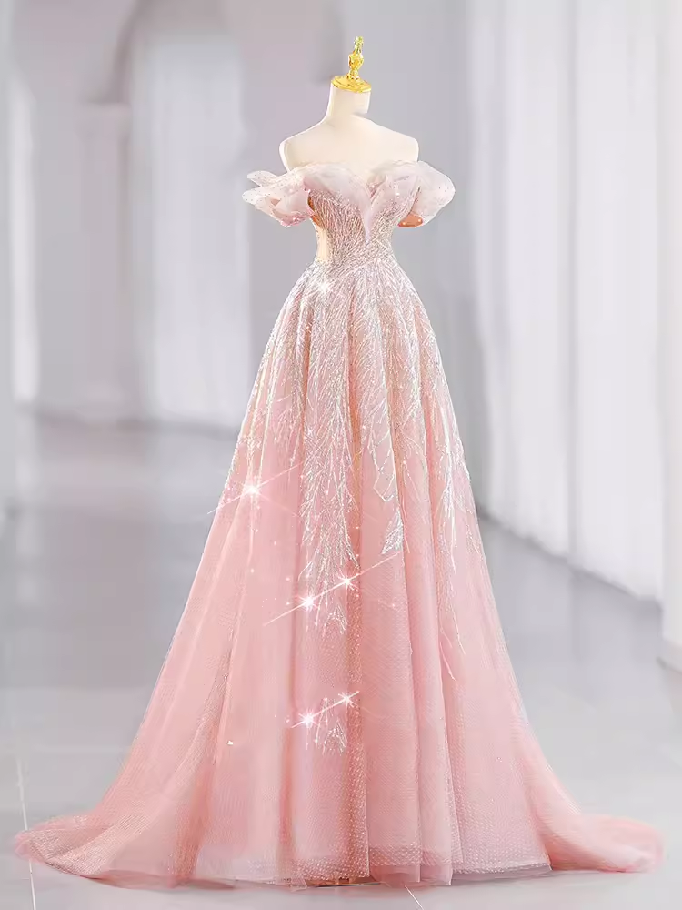 Fairytale A line Off The Shoulder Pink Sequin Long Evening Dress Prom Dress