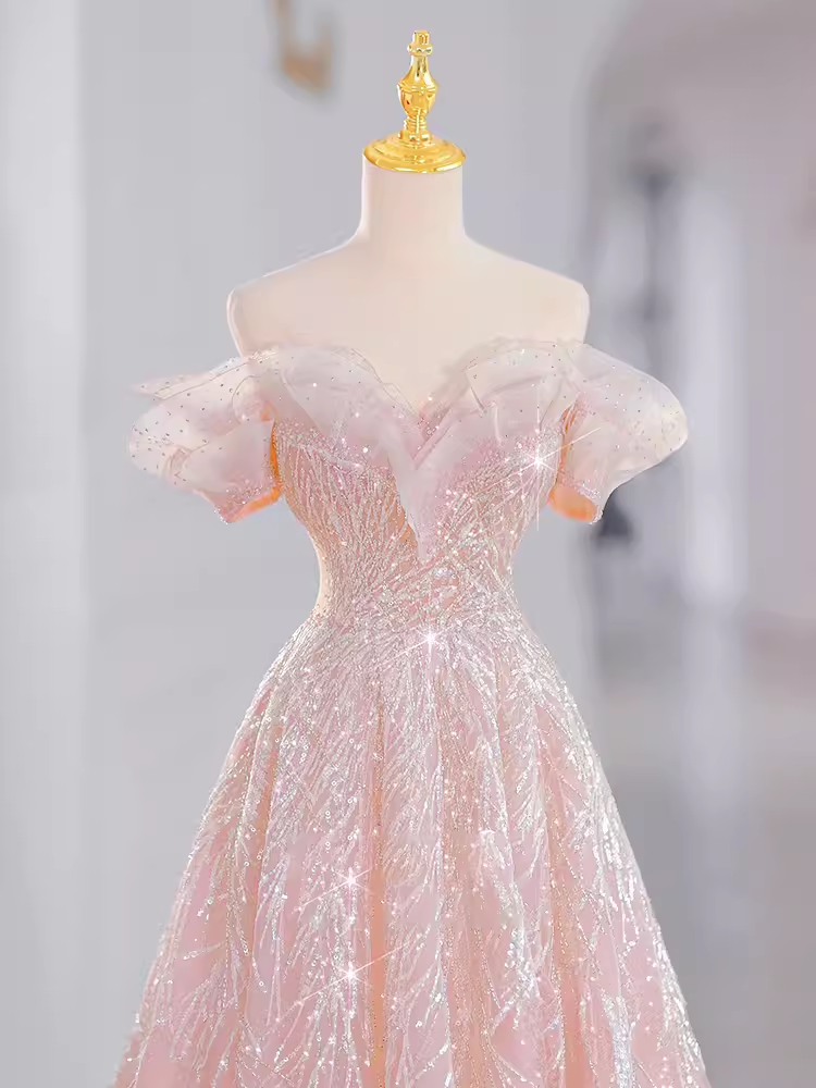 Fairytale A line Off The Shoulder Pink Sequin Long Evening Dress Prom Dress
