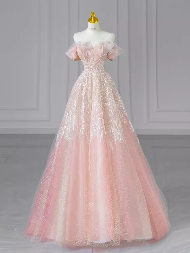 Fairytale A line Off The Shoulder Pink Sequin Beads Long Evening Dress Prom Dresses