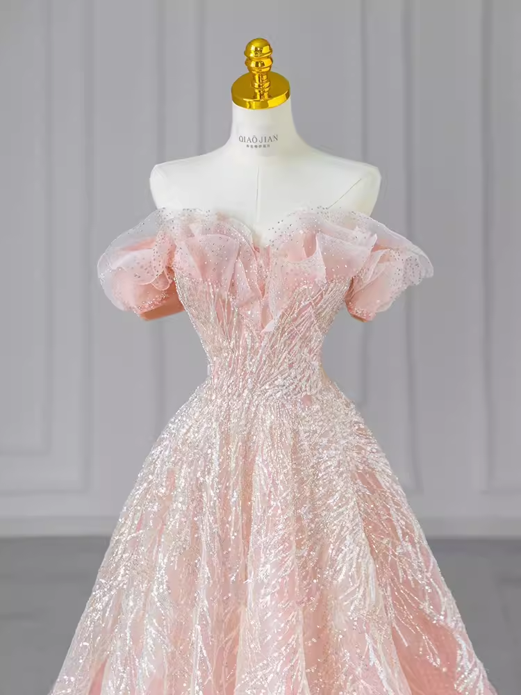 Fairytale A line Off The Shoulder Pink Sequin Beads Long Evening Dress Prom Dresses