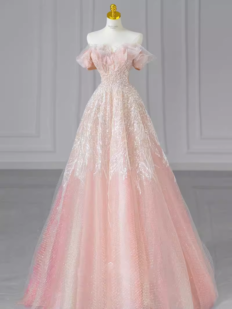 Fairytale A line Off The Shoulder Pink Sequin Beads Long Evening Dress Prom Dresses