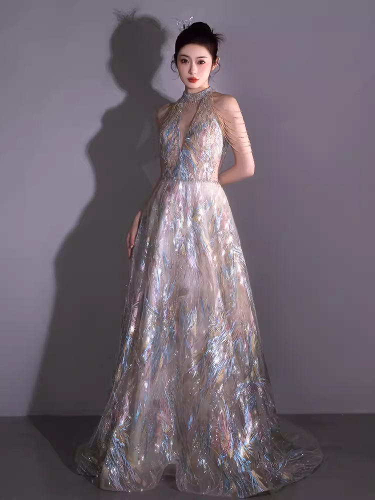 Fairytale A line High Neckline Sequin Beads Long Evening Dress Prom Dresses