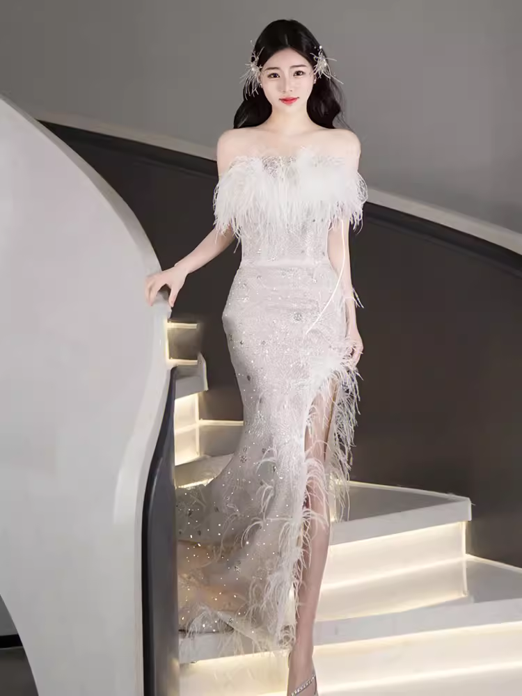 Fairytale Mermaid Strapless Sequin Beads Long Evening Dress Slit Prom Dresses With Feathers