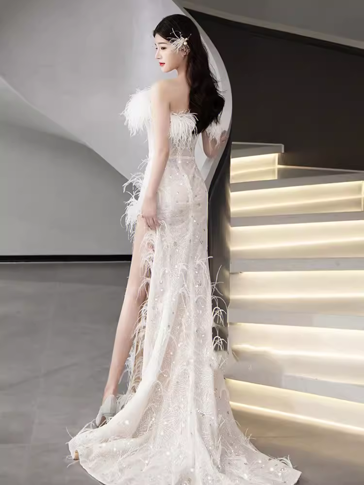 Fairytale Mermaid Strapless Sequin Beads Long Evening Dress Slit Prom Dresses With Feathers