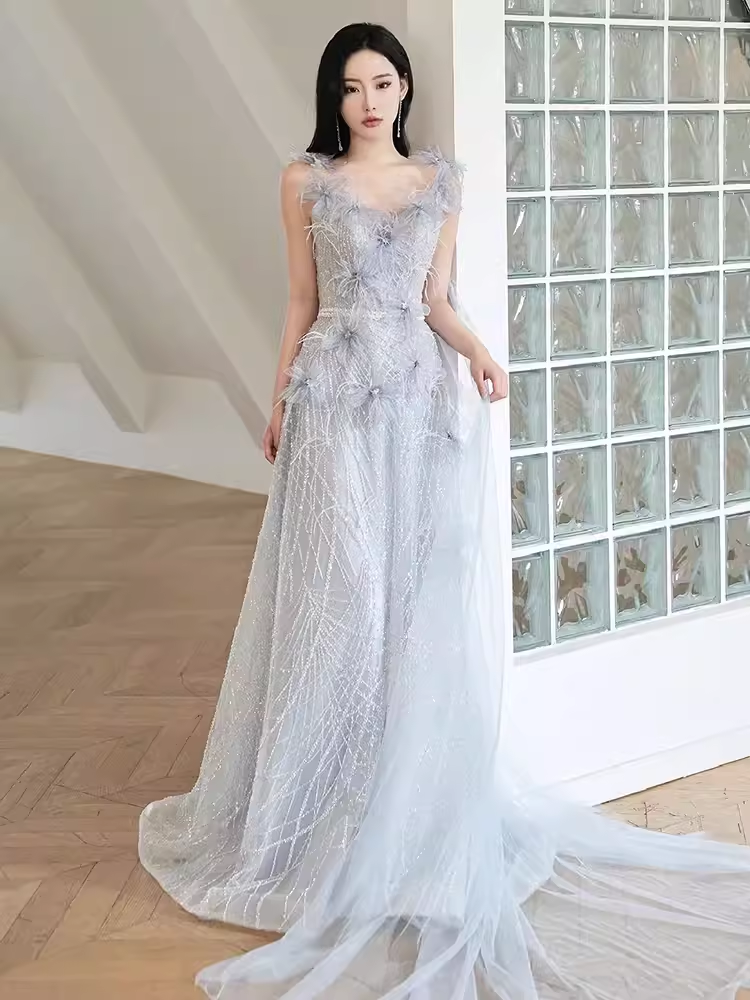 Fairytale A line Straps Sequin Beads Long Evening Dress Prom Dresses With Flowers