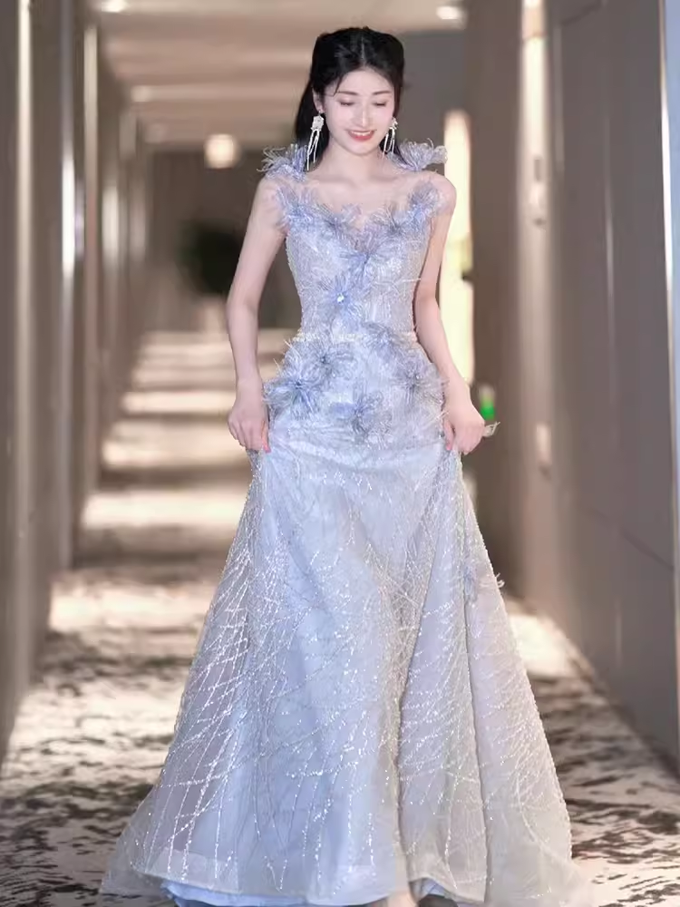 Fairytale A line Straps Sequin Beads Long Evening Dress Prom Dresses With Flowers