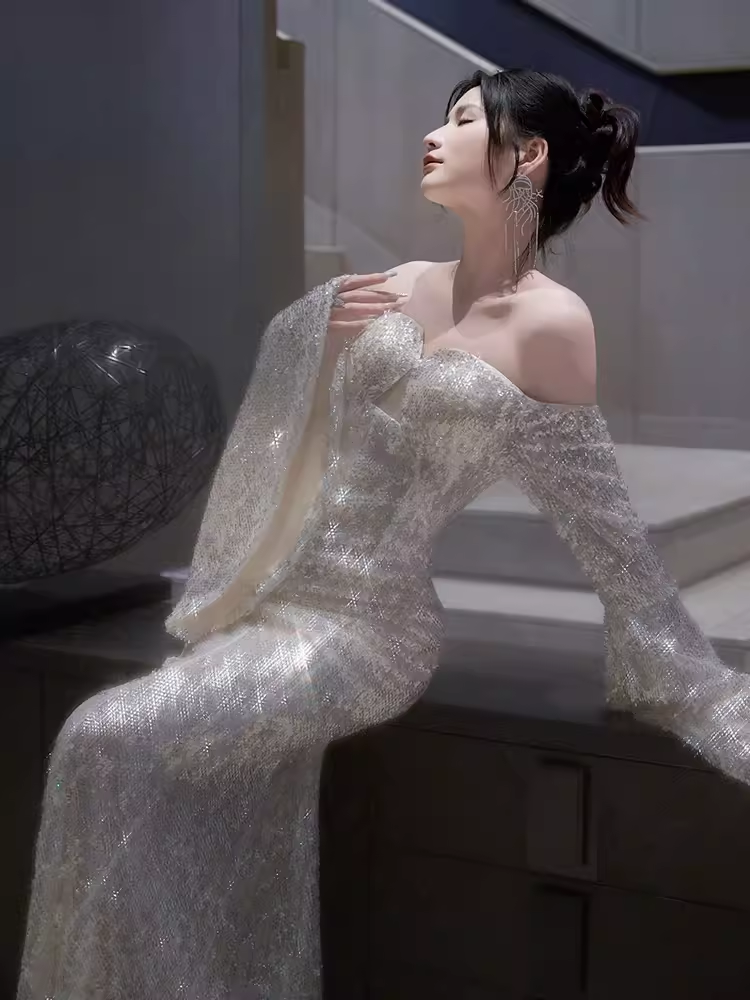 Sexy Mermaid Off The Shoulder Silver Sequin Long Prom Dress