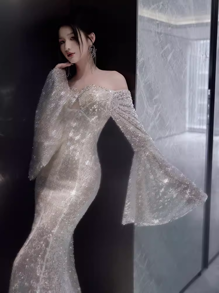 Sexy Mermaid Off The Shoulder Silver Sequin Long Prom Dress