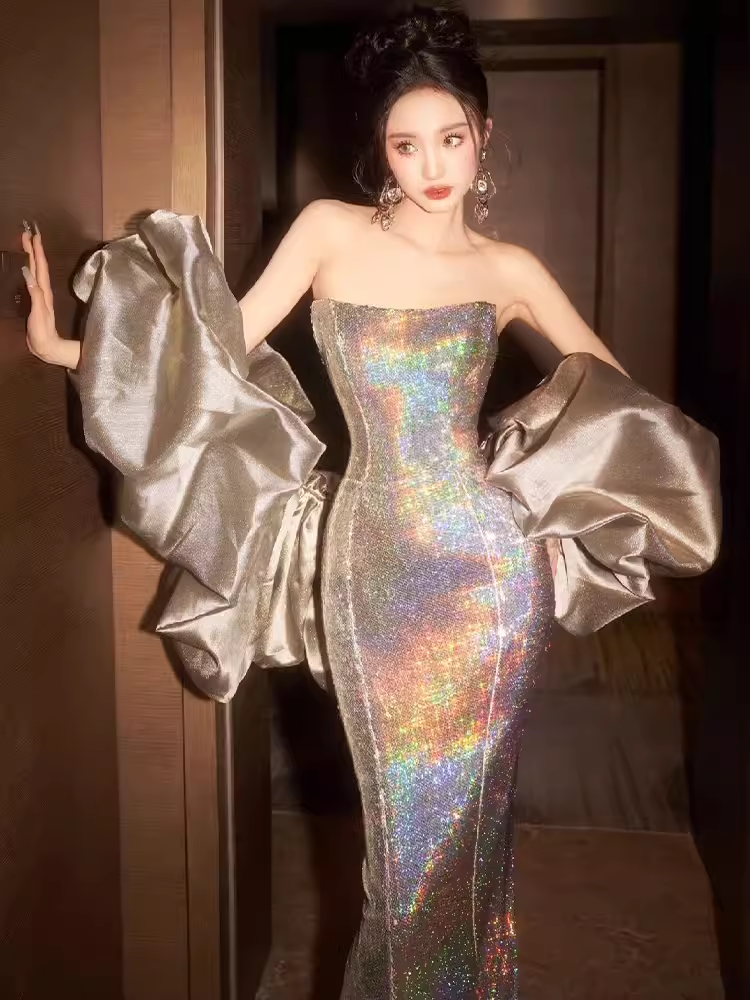 Sexy Mermaid Strapless Sequin Long Prom Dresses With Sleeves