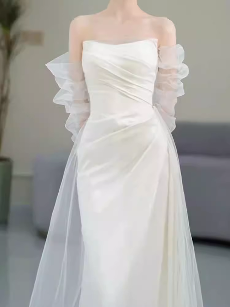 White Mermaid Strapless Satin Wedding Dress With Sleeves