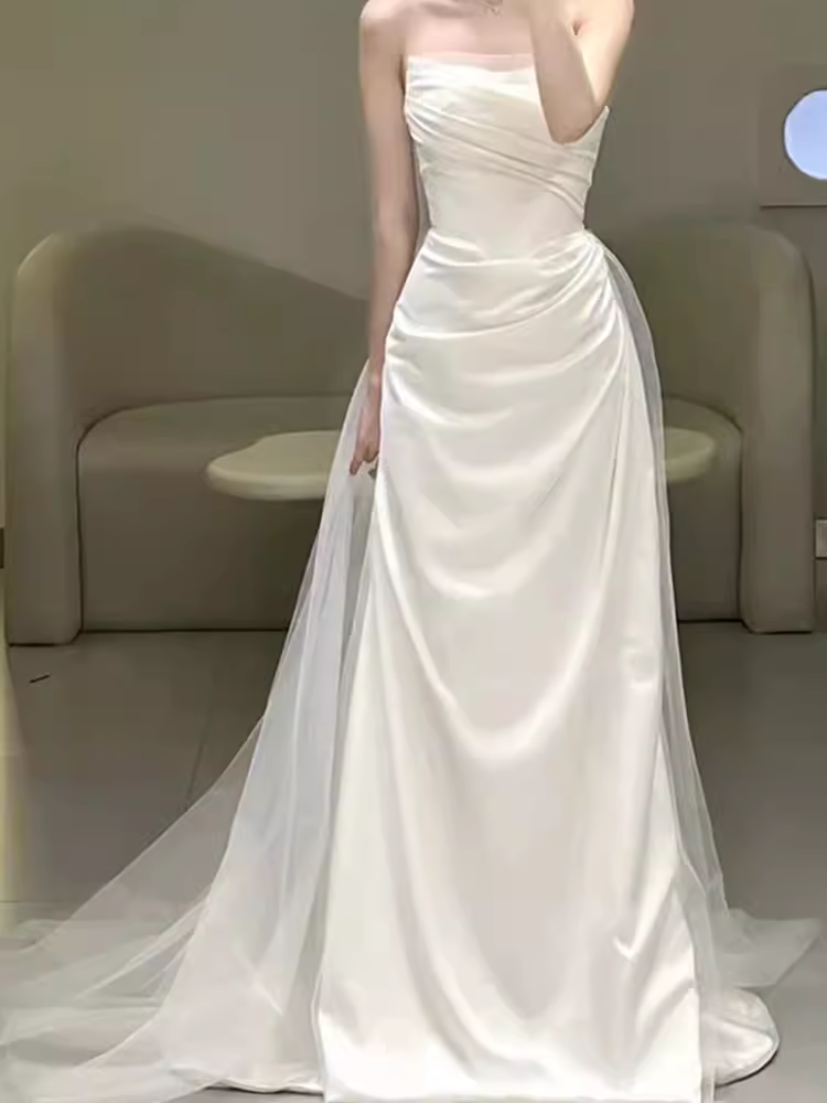 White Mermaid Strapless Satin Wedding Dress With Sleeves