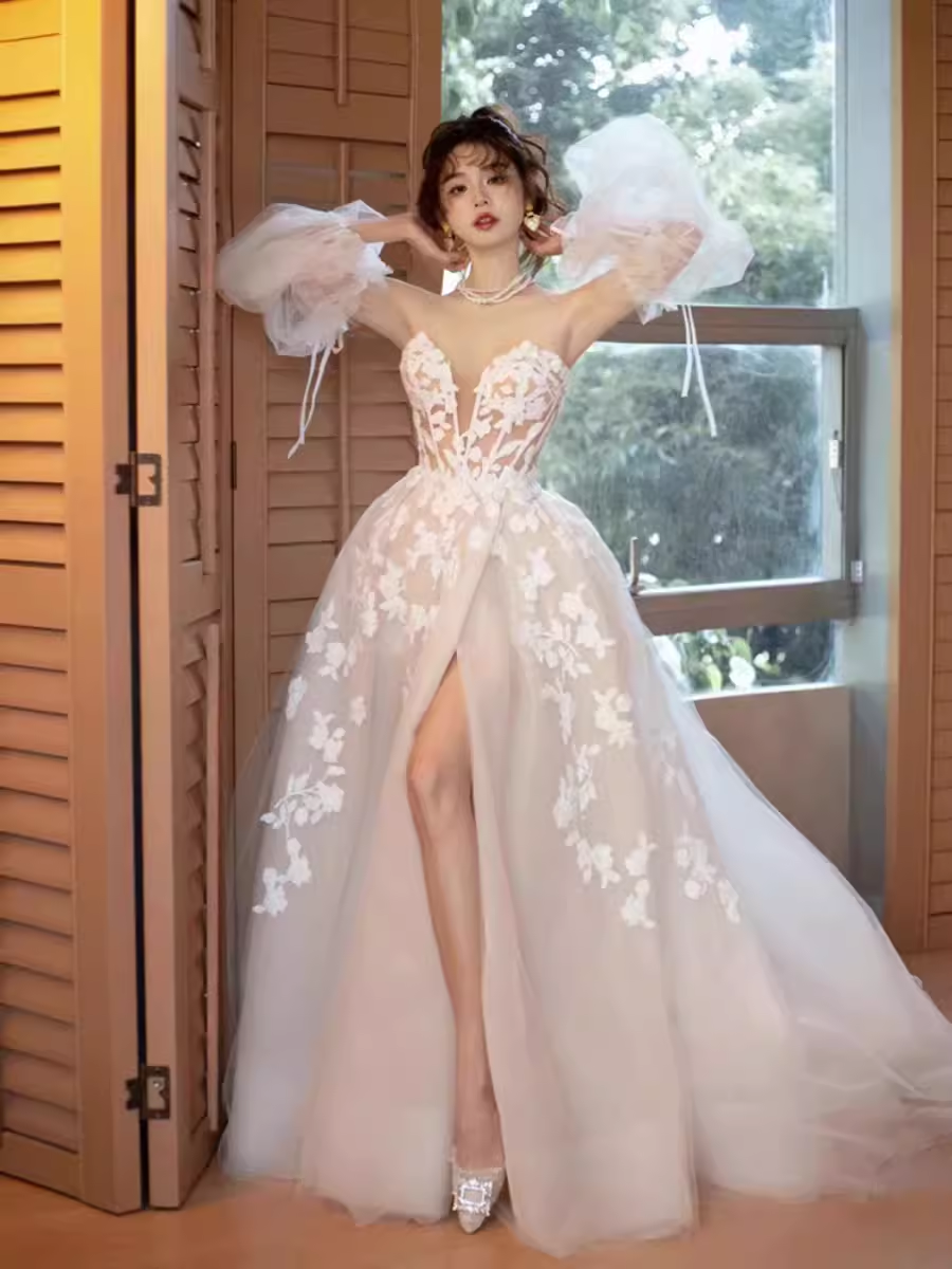 Vintage A Line Strapless Lace White Wedding Dress With Slit