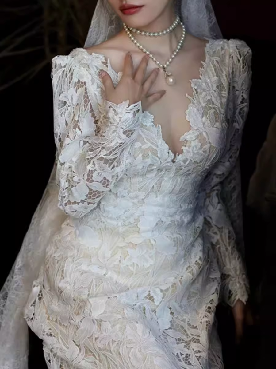 Chic A line V Neckline Lace White Wedding Dress With Long Sleeves