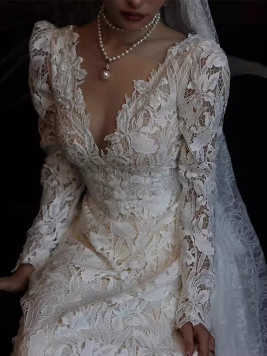 Chic A line V Neckline Lace White Wedding Dress With Long Sleeves