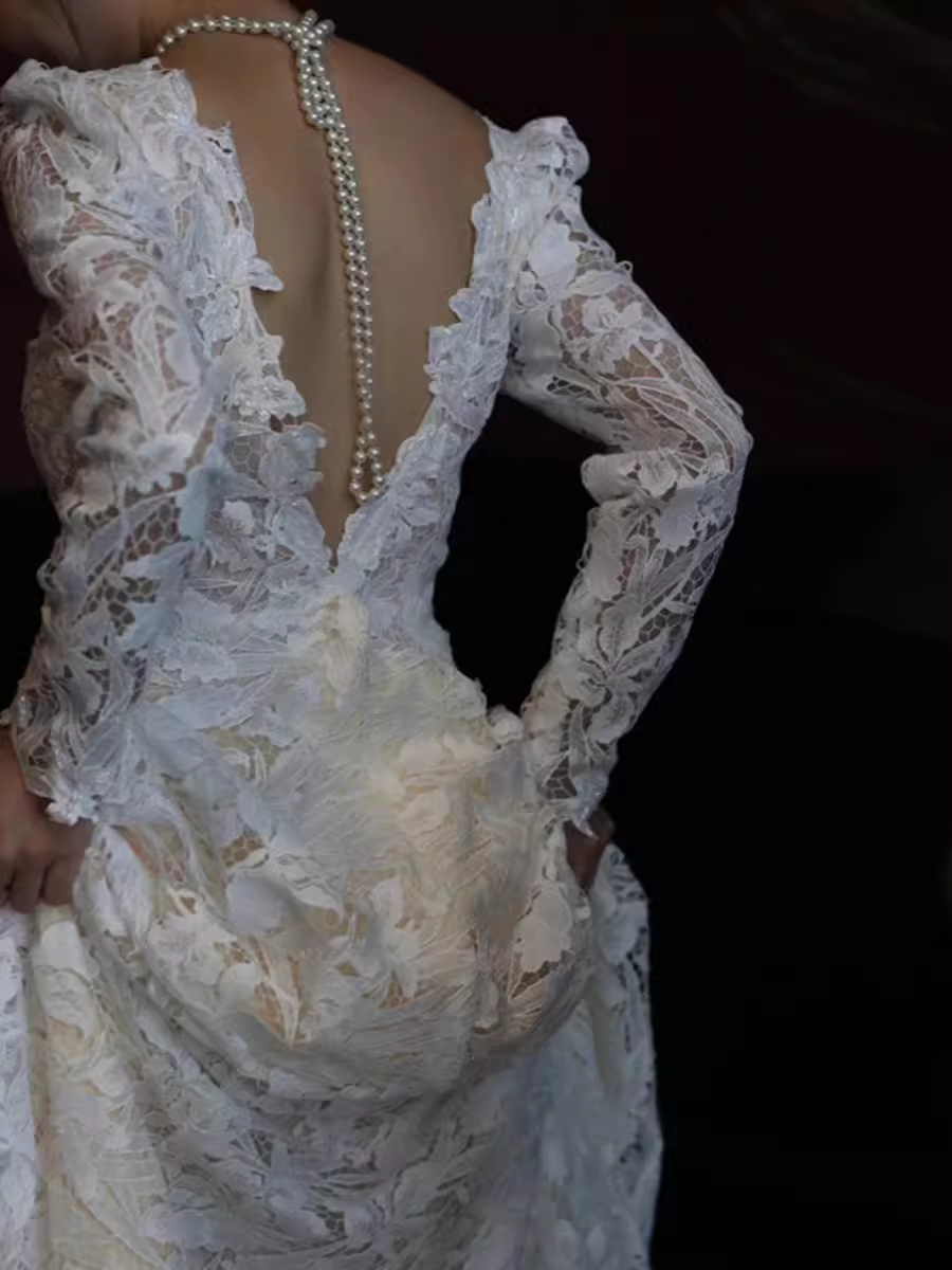 Chic A line V Neckline Lace White Wedding Dress With Long Sleeves