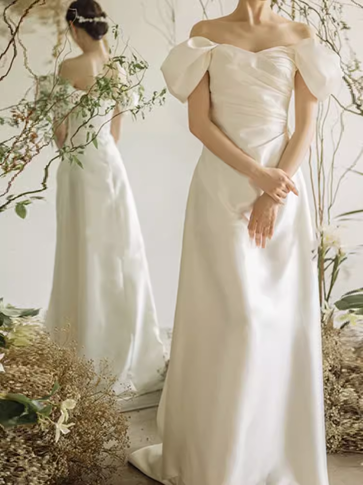 Chic A line Off The Shoulder White Wedding Dress With Short Sleeves