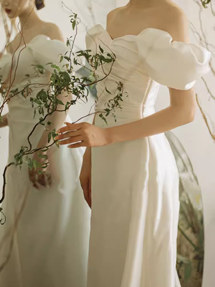 Chic A line Off The Shoulder White Wedding Dress With Short Sleeves