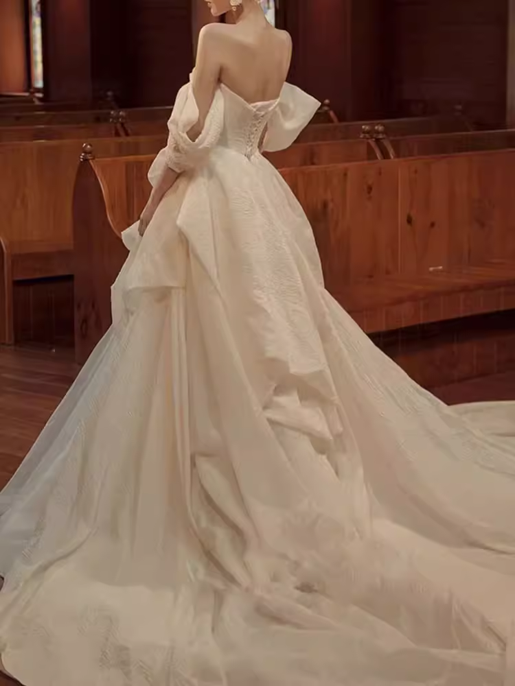 Chic Ball Gown Off The Shoulder White Wedding Dress With Short Sleeves