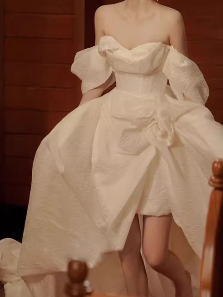 Chic Ball Gown Off The Shoulder White Wedding Dress With Short Sleeves