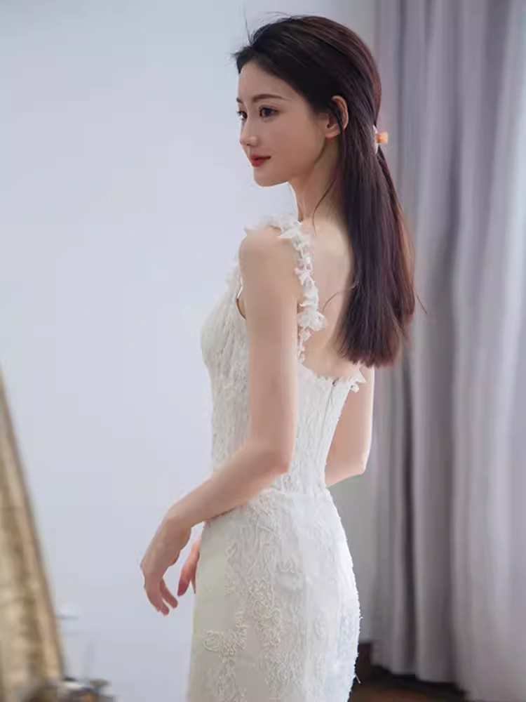 Vintage Mermaid Straps Lace White Wedding Dress Brides Dresses
