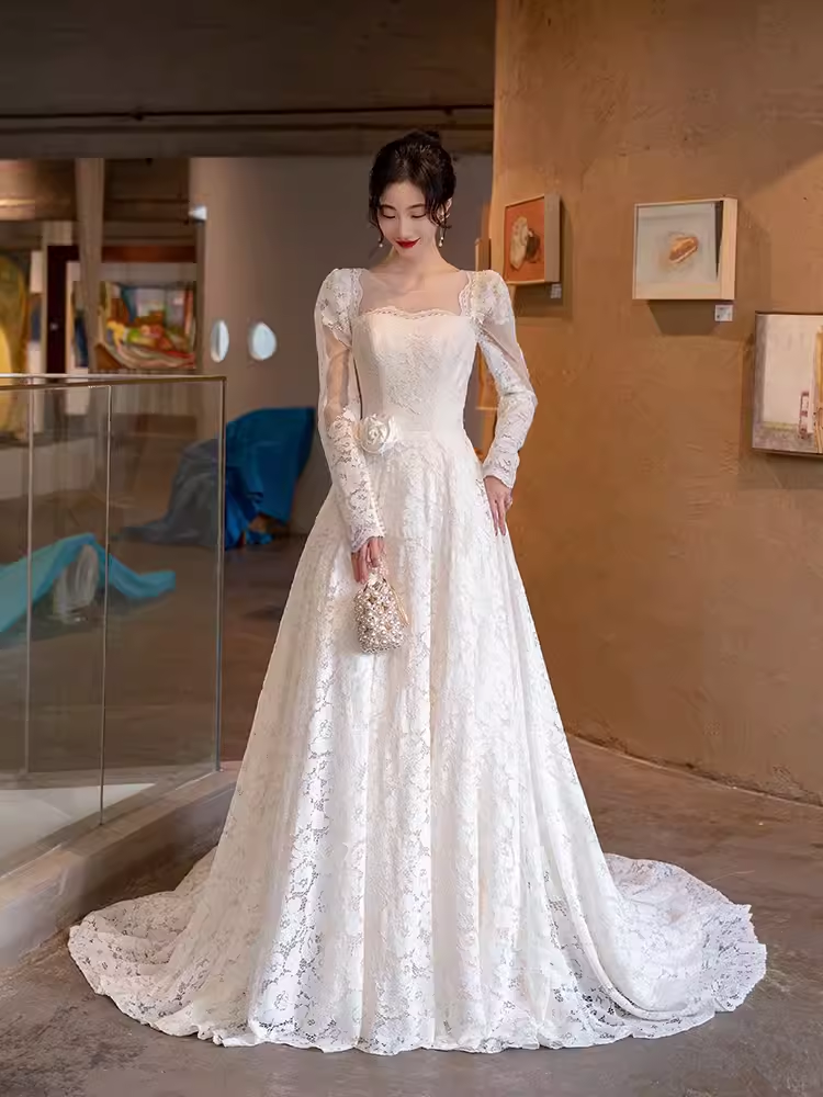 Chic A line Square Neckline Lace White Wedding Dress With Long Sleeves