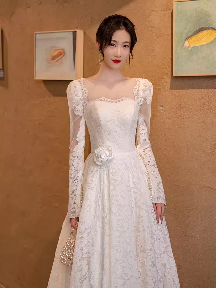 Chic A line Square Neckline Lace White Wedding Dress With Long Sleeves