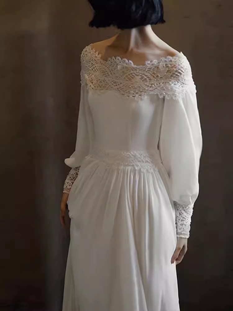 Chic A line Off The Shoulder Lace White Wedding Dress With Long Sleeves