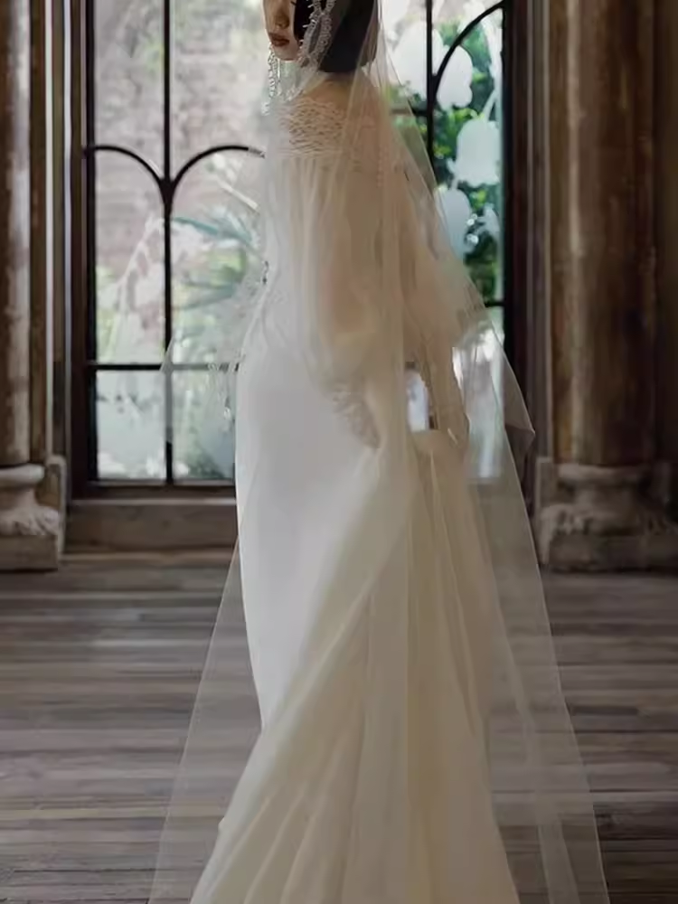 Chic A line Off The Shoulder Lace White Wedding Dress With Long Sleeves