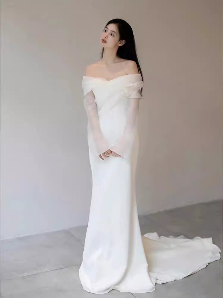 Chic Mermaid Off The Shoulder White Wedding Dress With Long Sleeves